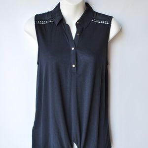 Ann Taylor Navy Blue Tie Waist Sleeveless Blouse